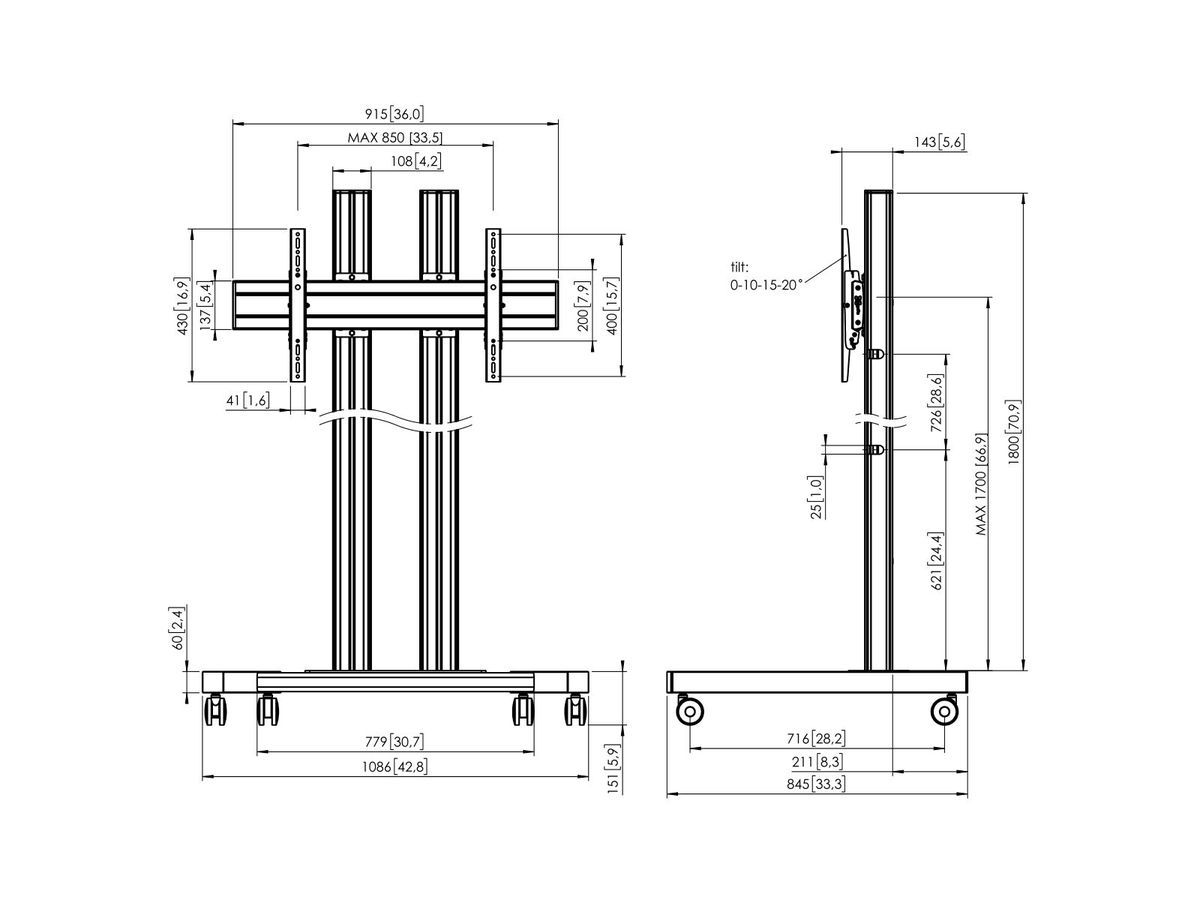 TD 1884S - Trolley 2 Säulen 180cm, 800x400 Silber