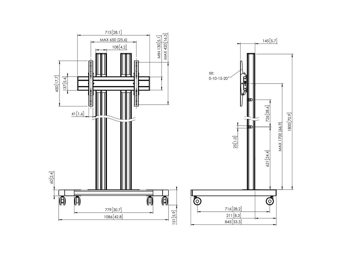 TD 1864S - Trolley 2 Säulen 180cm, 600x400 Silber